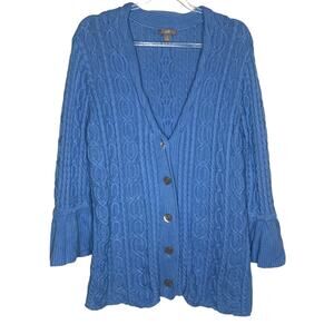 J Jill Womens Size Medium Blue Cableknit Cardigan Sweater Cotton Ruffle‎ Sleeve